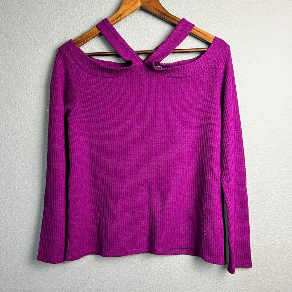 1.STATE Purple Rib Knit Cutout Sweater Criss Cross‎ M Long Sleeve Stretchy Soft